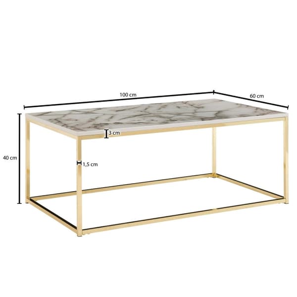 Rootz sofabord 100x60x40 cm med marmorlook hvid - guld - Stuebord med metalstel - Sofabord firkantet bord stue - sidebord