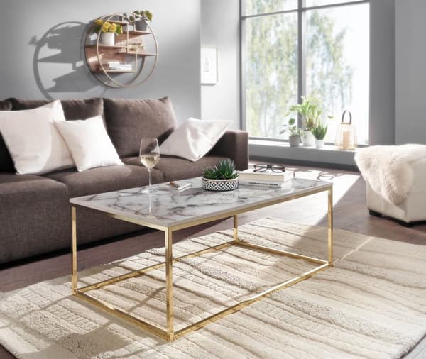 Rootz sofabord 100x60x40 cm med marmorlook hvid - guld - Stuebord med metalstel - Sofabord firkantet bord stue - sidebord