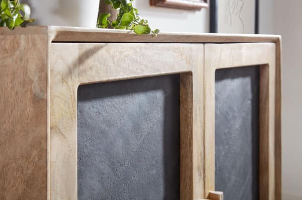 Rootz skænk 80x75x35 cm massivt mangotræ - stenskænk brun - kommode med 2 låger - Lille kommode massivt træ - Stående skab multifunktions kommode med