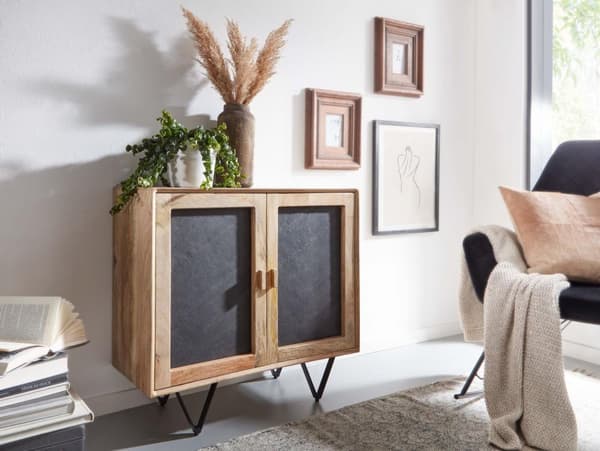 Rootz skænk 80x75x35 cm massivt mangotræ - stenskænk brun - kommode med 2 låger - Lille kommode massivt træ - Stående skab multifunktions kommode med