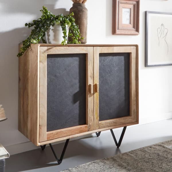 Rootz skænk 80x75x35 cm massivt mangotræ - stenskænk brun - kommode med 2 låger - Lille kommode massivt træ - Stående skab multifunktions kommode med