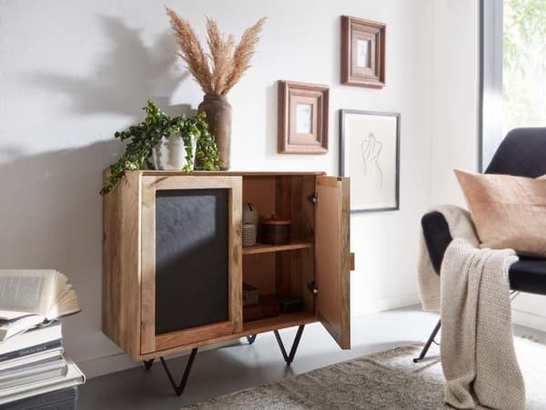 Rootz skænk 80x75x35 cm massivt mangotræ - stenskænk brun - kommode med 2 låger - Lille kommode massivt træ - Stående skab multifunktions kommode med