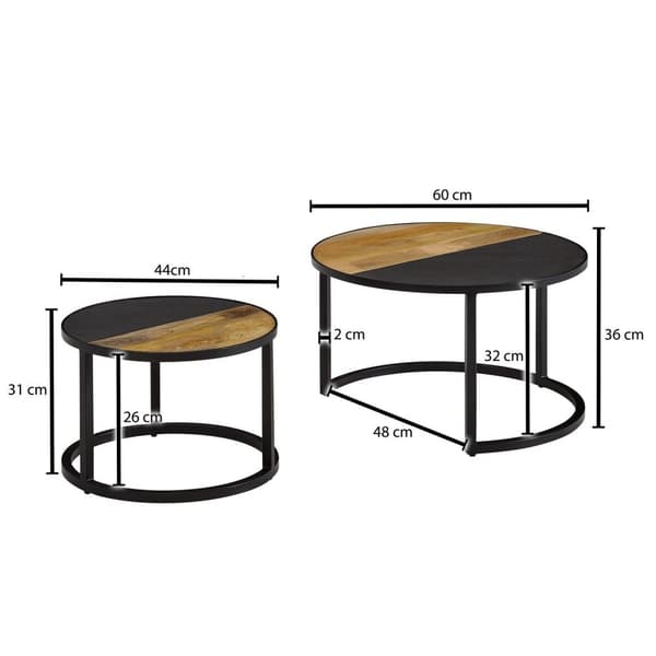 Rootz soffbordsset om 2 massivt mangoträ - soffbord i sten runt modernt - Design sidobord 2 delar - Runda vardagsrumsbord - Träbord metall kapselbord