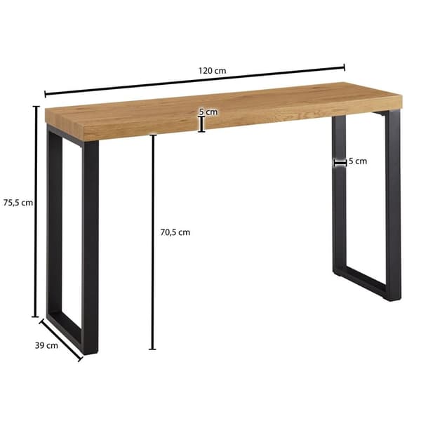 Rootz-konsolipöytä tammi sisustus - musta 120x39x75,5 cm design senkki eteinen - Säilytyspöytä kapea - Eteisen pöytä metallijaloilla - Sisääntulopöytä