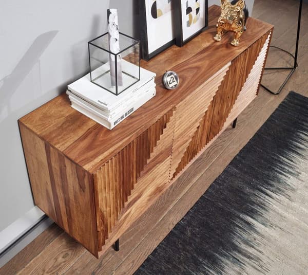 Rootz skænk 148x72x40 cm massivt sheesham træ - metal skænk - kommode med tre låger - Kommode skab træ moderne - Stå skab stue