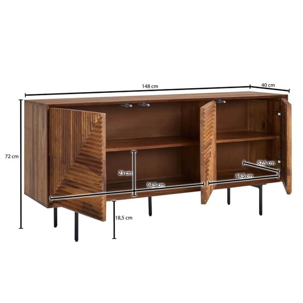Rootz skænk 148x72x40 cm massivt sheesham træ - metal skænk - kommode med tre låger - Kommode skab træ moderne - Stå skab stue