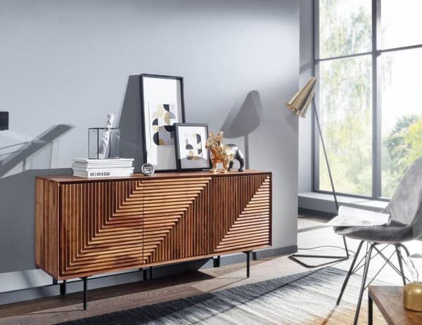 Rootz skænk 148x72x40 cm massivt sheesham træ - metal skænk - kommode med tre låger - Kommode skab træ moderne - Stå skab stue
