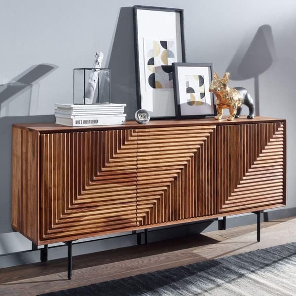 Rootz skænk 148x72x40 cm massivt sheesham træ - metal skænk - kommode med tre låger - Kommode skab træ moderne - Stå skab stue