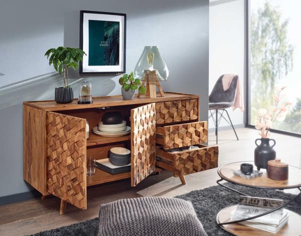 Rootz skänk 138x76x45 cm massivt sheeshamträ skänk med dörrar och lådor - Byrå byrå skåp trä modern - Ståskåp vardagsrum