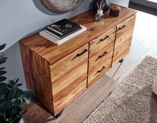 Rootz skænk 145x82x45 cm massivt sheesham træ - metal med aftagende - kommode - Skænk skuffeskab moderne