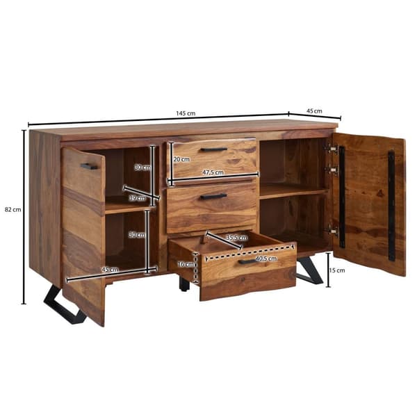 Rootz skænk 145x82x45 cm massivt sheesham træ - metal med aftagende - kommode - Skænk skuffeskab moderne