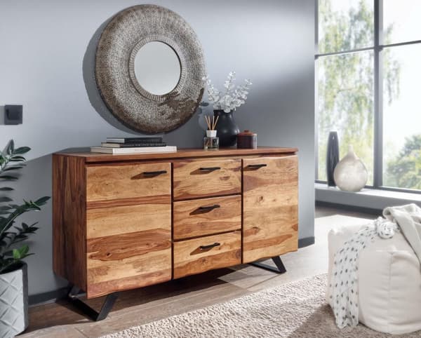 Rootz skænk 145x82x45 cm massivt sheesham træ - metal med aftagende - kommode - Skænk skuffeskab moderne