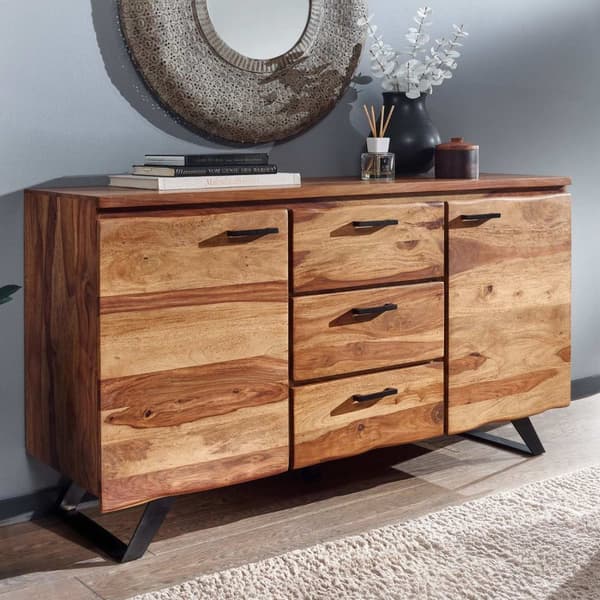 Rootz skænk 145x82x45 cm massivt sheesham træ - metal med aftagende - kommode - Skænk skuffeskab moderne