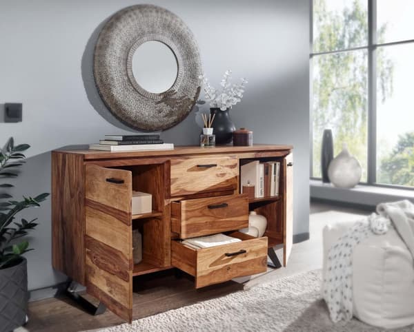 Rootz skænk 145x82x45 cm massivt sheesham træ - metal med aftagende - kommode - Skænk skuffeskab moderne