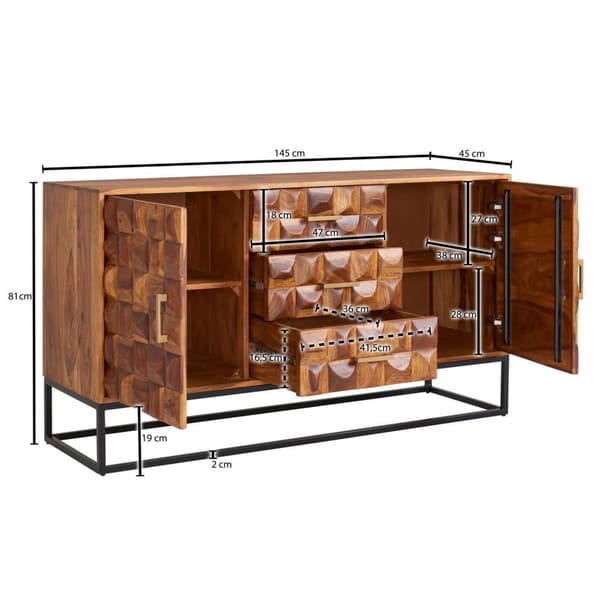 Rootz skænk 145x81x45 cm massivt sheesham træ - metal skænk - kommode med to låger - Kommode Træ Industri - Stående skab stue med skuffer