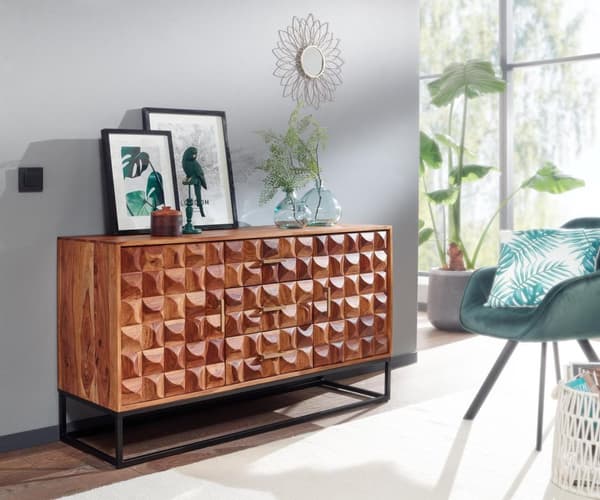 Rootz skænk 145x81x45 cm massivt sheesham træ - metal skænk - kommode med to låger - Kommode Træ Industri - Stående skab stue med skuffer
