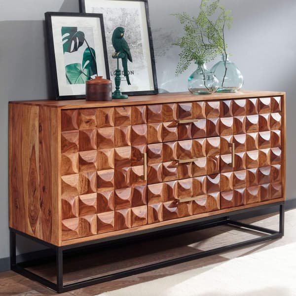 Rootz skænk 145x81x45 cm massivt sheesham træ - metal skænk - kommode med to låger - Kommode Træ Industri - Stående skab stue med skuffer