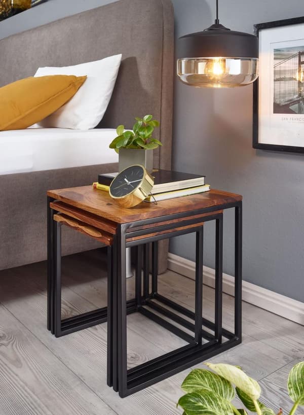Rootz häckbord set om 3 Sheesham massivt trä - sidobord i metall fyrkantigt modernt - Design soffbord 3 delar - Vardagsbord sparar utrymme - Träbord h