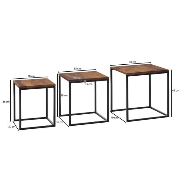 Rootz häckbord set om 3 Sheesham massivt trä - sidobord i metall fyrkantigt modernt - Design soffbord 3 delar - Vardagsbord sparar utrymme - Träbord h