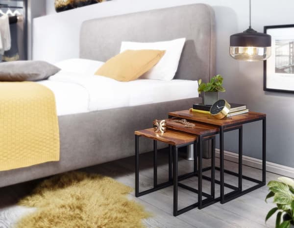 Rootz häckbord set om 3 Sheesham massivt trä - sidobord i metall fyrkantigt modernt - Design soffbord 3 delar - Vardagsbord sparar utrymme - Träbord h