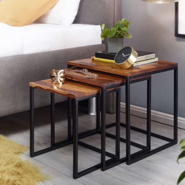 Rootz häckbord set om 3 Sheesham massivt trä - sidobord i metall fyrkantigt modernt - Design soffbord 3 delar - Vardagsbord sparar utrymme - Träbord h