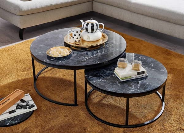 Rootz sofabord sæt med 2 sort marmor look sofabord rundt moderne - Sidebord 2-delt metal - Runde stueborde - Design indskudsborde