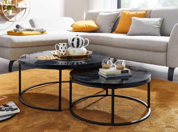 Rootz sofabord sæt med 2 sort marmor look sofabord rundt moderne - Sidebord 2-delt metal - Runde stueborde - Design indskudsborde