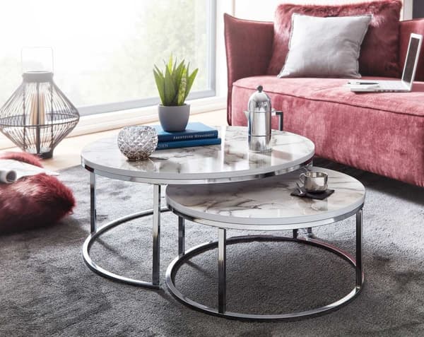 Rootz sofabord sæt med 2 hvidt sølv marmor look sofabord rundt moderne - Sidebord 2-delt metal - Runde stueborde - Design indskudsborde
