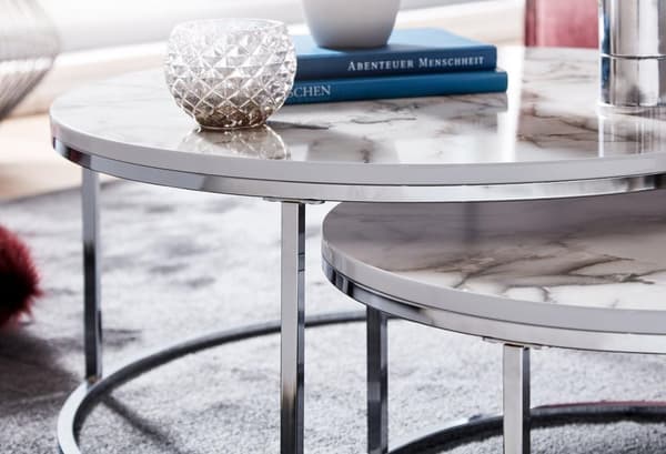Rootz sofabord sæt med 2 hvidt sølv marmor look sofabord rundt moderne - Sidebord 2-delt metal - Runde stueborde - Design indskudsborde