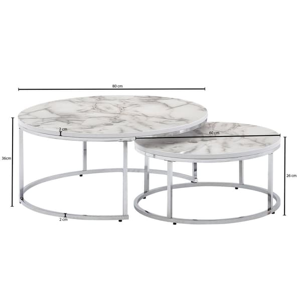 Rootz sofabord sæt med 2 hvidt sølv marmor look sofabord rundt moderne - Sidebord 2-delt metal - Runde stueborde - Design indskudsborde