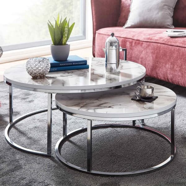 Rootz sofabord sæt med 2 hvidt sølv marmor look sofabord rundt moderne - Sidebord 2-delt metal - Runde stueborde - Design indskudsborde