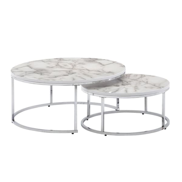 Rootz sofabord sæt med 2 hvidt sølv marmor look sofabord rundt moderne - Sidebord 2-delt metal - Runde stueborde - Design indskudsborde
