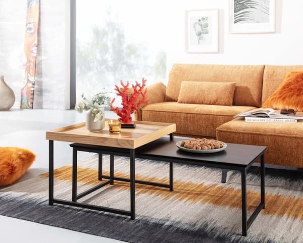 Rootz soffbordsset om 2 trä - soffbord i metall fyrkantig ek modern - Sidobord 2-delat - Design vardagsrumsbord - Träbord häckningsbord