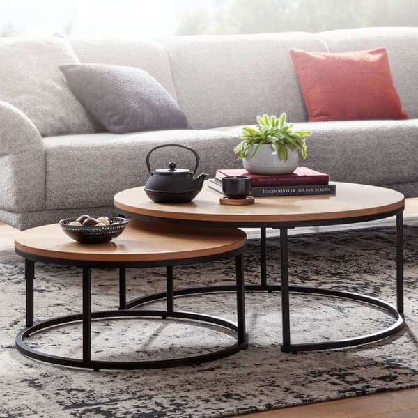 Rootz soffbordsset om 2 trä - soffbord i metall runt ek modern - Design sidobord 2-delat - Runda vardagsrumsbord - Träbord häckningsbord