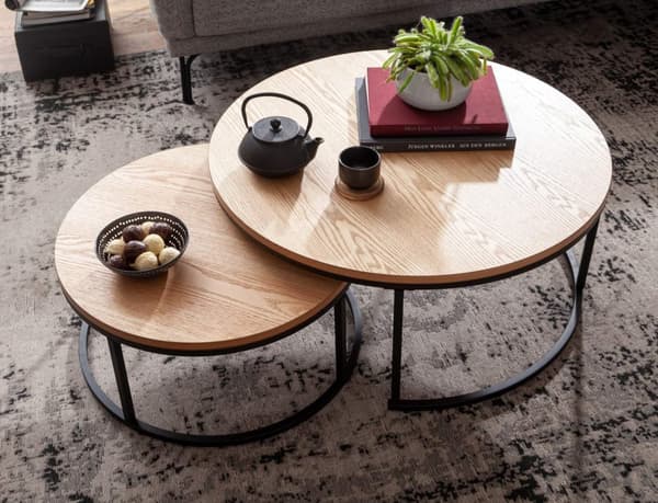 Rootz soffbordsset om 2 trä - soffbord i metall runt ek modern - Design sidobord 2-delat - Runda vardagsrumsbord - Träbord häckningsbord