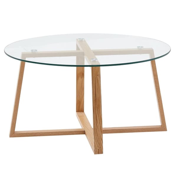 Rootz sofabord 78x78x41 cm massivt egetræ sofabord - rundt glas - Design stuebord moderne - Træbord, værelsesbord, stort - Sofabord bord stue ægte træ