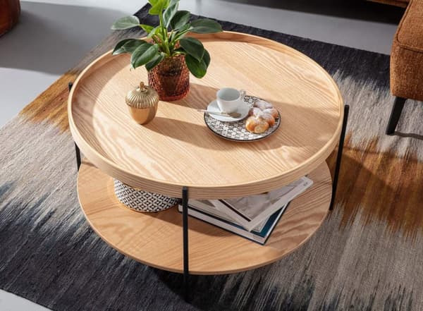 Rootz sohvapöytä 78x78x40 cm sohvapöytä puuta - metalli olohuoneen pöytä tammi - Moderni pyöreä design huoneen pöytä hyllyllä - Puinen sohvapöytä - Ol