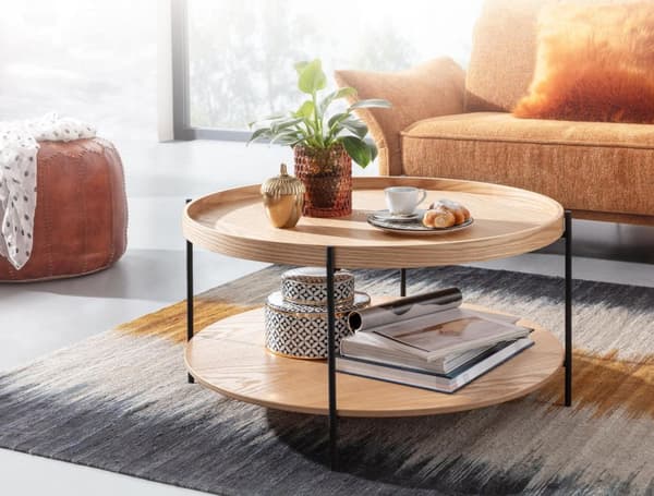 Rootz sohvapöytä 78x78x40 cm sohvapöytä puuta - metalli olohuoneen pöytä tammi - Moderni pyöreä design huoneen pöytä hyllyllä - Puinen sohvapöytä - Ol