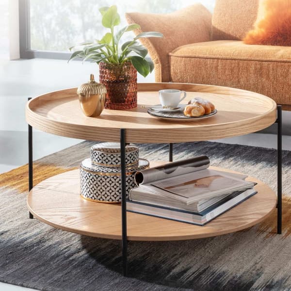 Rootz sohvapöytä 78x78x40 cm sohvapöytä puuta - metalli olohuoneen pöytä tammi - Moderni pyöreä design huoneen pöytä hyllyllä - Puinen sohvapöytä - Ol