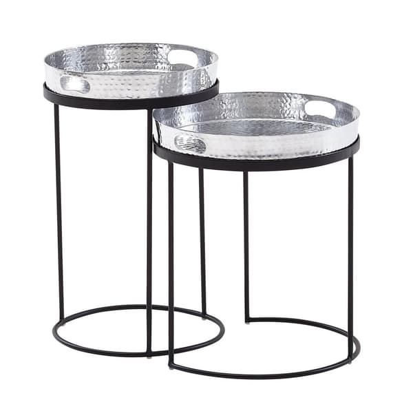 Rootz sidebord sæt af 2 sølv - sort metal hammer finish redebord rund - sofabord aftagelig bakke - Bakke bord sofa 2 stk moderne - Rundt sofabord
