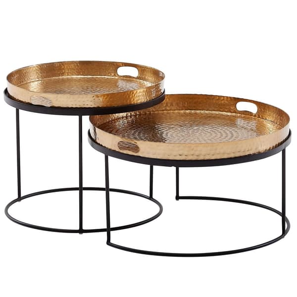 Rootz sofabord sæt af 2 guld - sort metal hammer finish redebord rund - Sofabord aftagelig bakke - Bakke bord sofa 2 stk moderne - Rundt sidebord