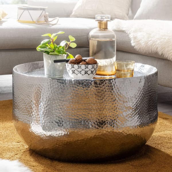 Rootz sohvapöytä alumiini hopea 60x60x35 cm olohuoneen pöytä vasaralla - Design-sohvapöytä pyöreä alumiininen itämainen - Pyöreä metallinen sohvapöytä