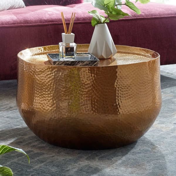 Rootz sofabord aluminium guld 60x60x35 cm stuebord hamret - Designer sofabord rundt aluminium orientalsk - Rundt metal sofabord lille