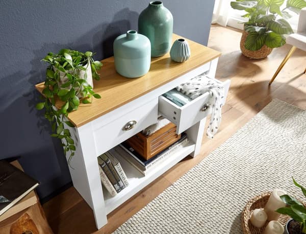 Rootz konsolipöytä 85x35x76 cm valkoinen - tammi design senkki moderni kapea - Arkistointipöytä eteinen laatikoilla ja säilytystilalla - Eteisen pöytä