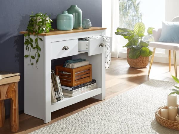 Rootz konsolipöytä 85x35x76 cm valkoinen - tammi design senkki moderni kapea - Arkistointipöytä eteinen laatikoilla ja säilytystilalla - Eteisen pöytä