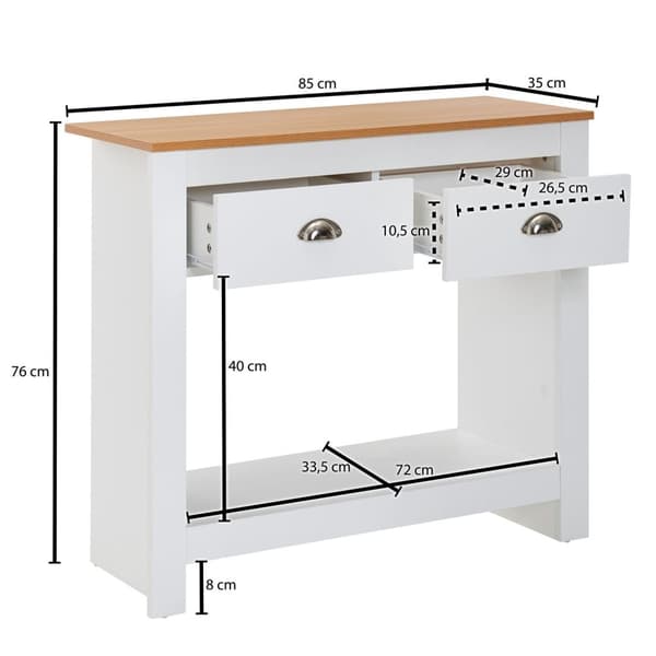 Rootz konsolipöytä 85x35x76 cm valkoinen - tammi design senkki moderni kapea - Arkistointipöytä eteinen laatikoilla ja säilytystilalla - Eteisen pöytä