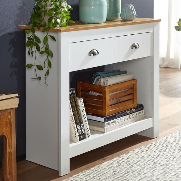 Rootz konsolipöytä 85x35x76 cm valkoinen - tammi design senkki moderni kapea - Arkistointipöytä eteinen laatikoilla ja säilytystilalla - Eteisen pöytä