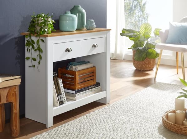 Rootz konsolipöytä 85x35x76 cm valkoinen - tammi design senkki moderni kapea - Arkistointipöytä eteinen laatikoilla ja säilytystilalla - Eteisen pöytä