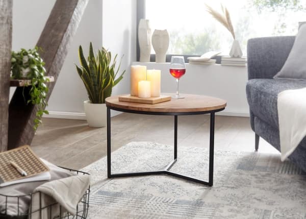 Rootz soffbord 60x60x38 cm akacia massivt trä - metalldesign soffbord runt - Soffbord massivt soffbord - Litet bord vardagsrum