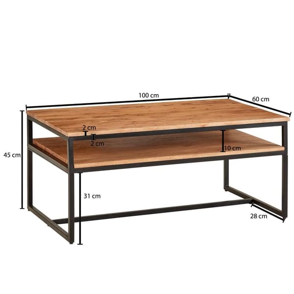 Rootz sofabord 100x60x45 cm massivt træ metal sofabord stuebord akacie - Industrielt værelsesbord med opbevaringsplads - Træbord, sofabord, massivt